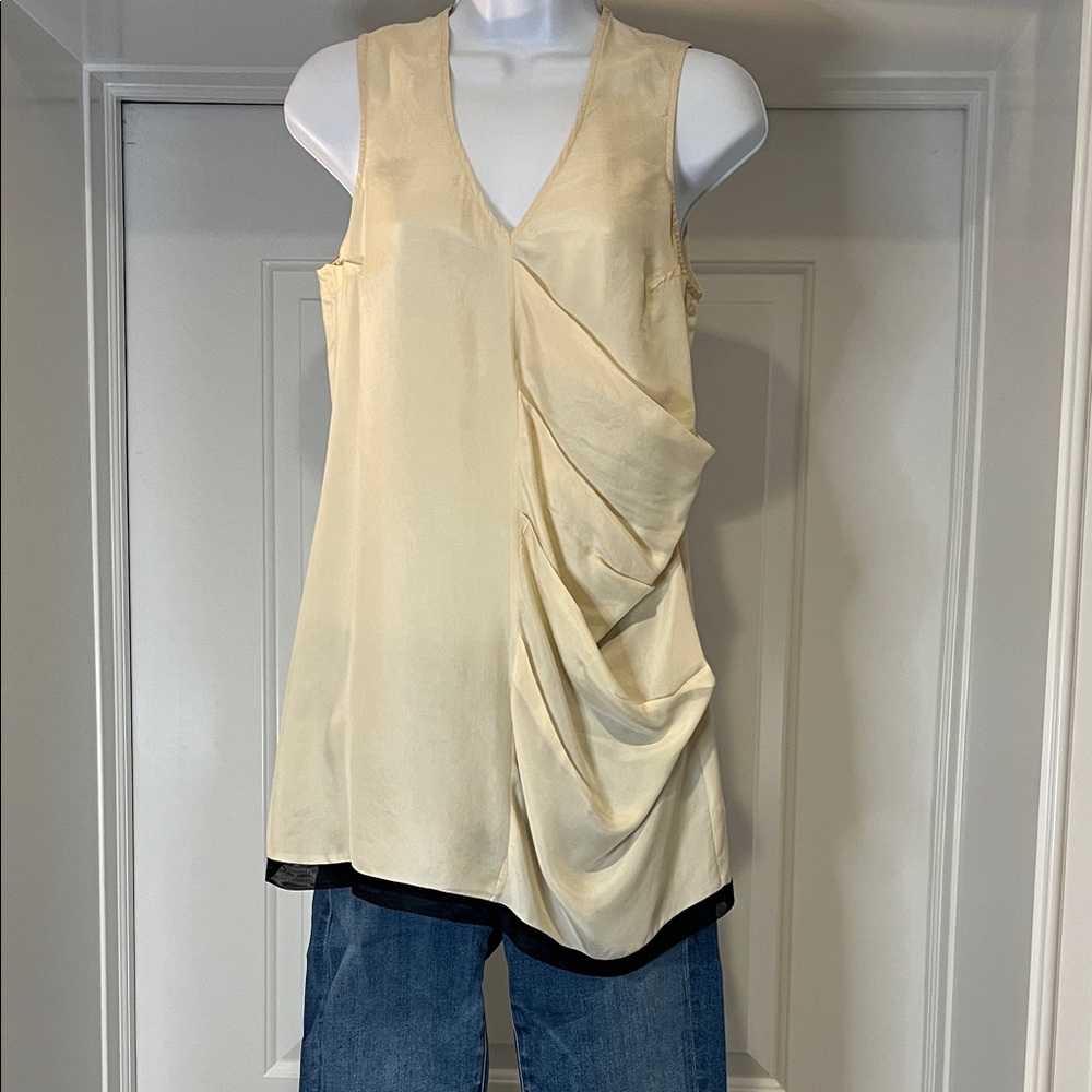 Plenty by Tracy Reese Cream Draped V-Neck Sleeveless Top with sheer black detail